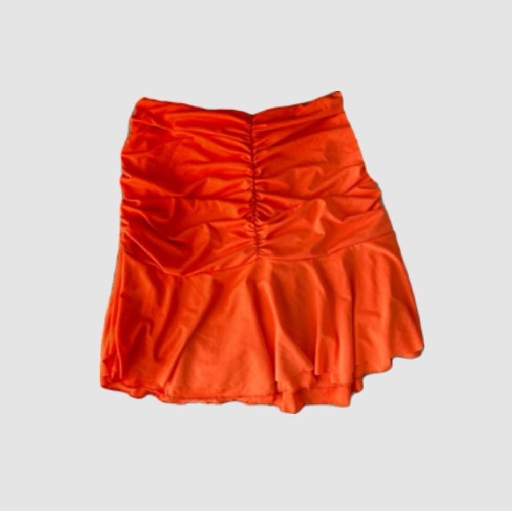 Neon orange ruched mini skirt